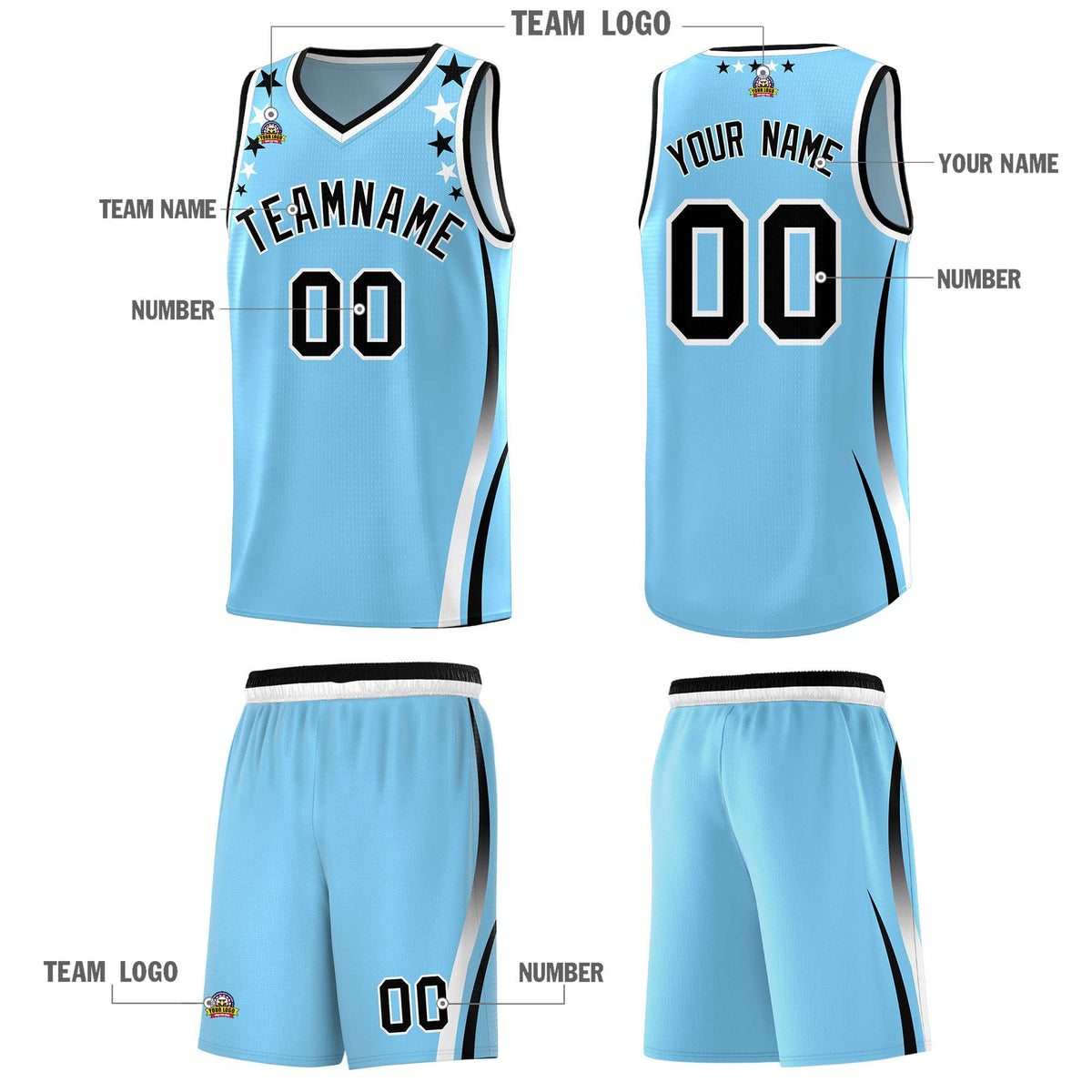 Custom Light Blue Shoulders Star Pattern Side Color Block Sports Uniform Basketball Jersey