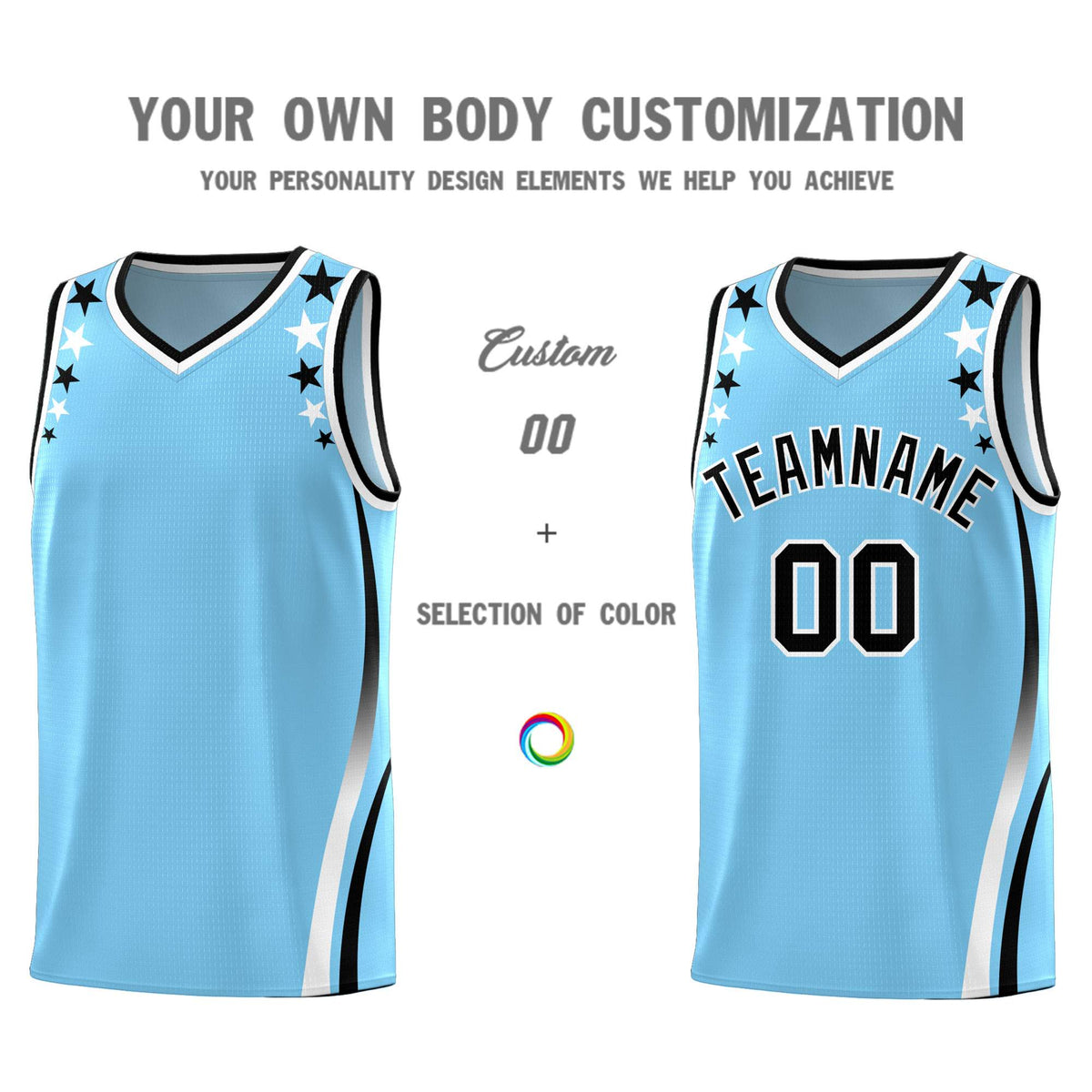 Custom Light Blue Shoulders Star Pattern Side Color Block Sports Uniform Basketball Jersey