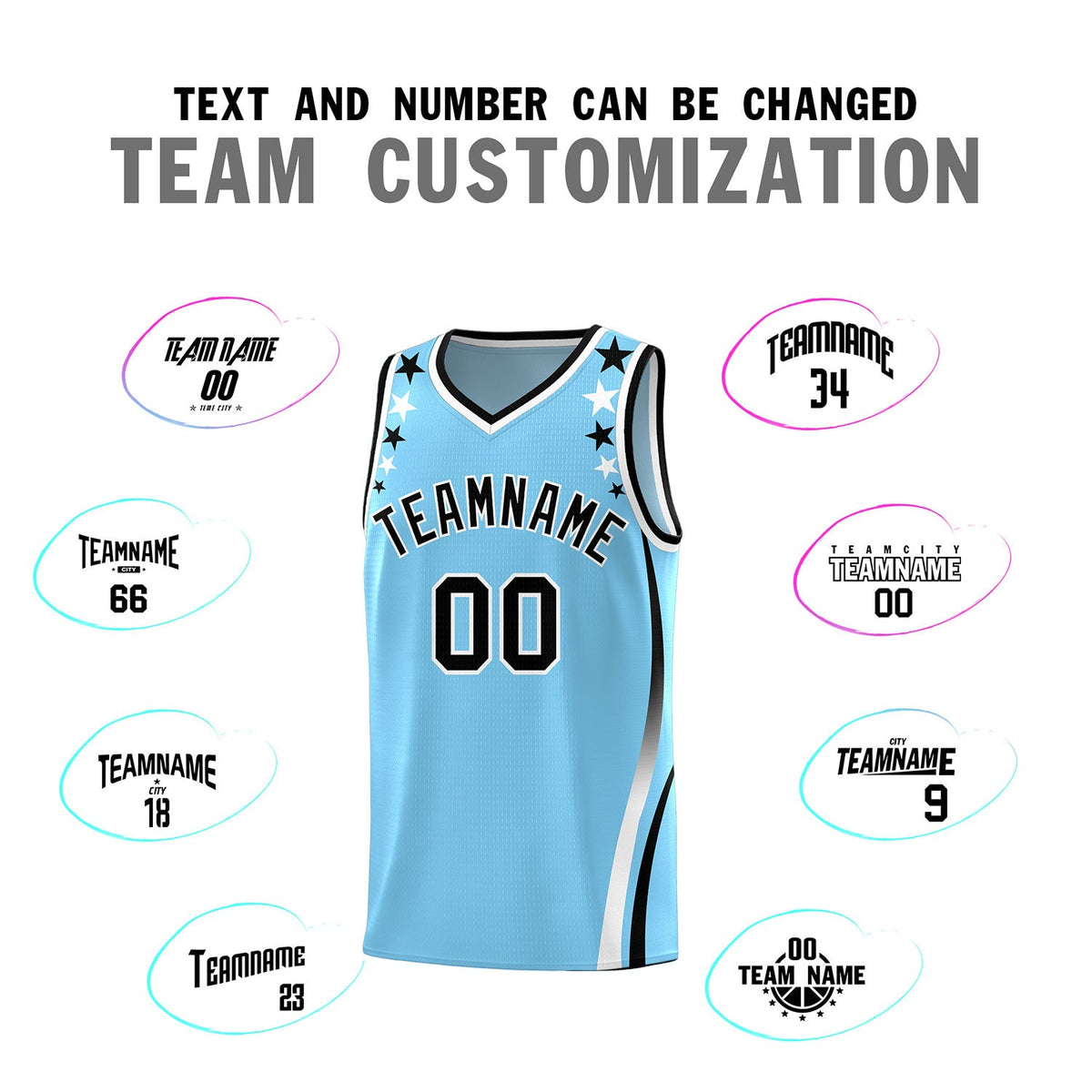 Custom Light Blue Shoulders Star Pattern Side Color Block Sports Uniform Basketball Jersey