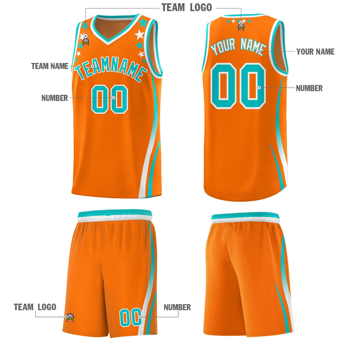 Custom Orange Shoulders Star Pattern Side Color Block Sports Uniform Basketball Jersey