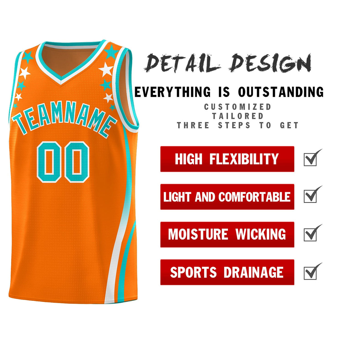 Custom Orange Shoulders Star Pattern Side Color Block Sports Uniform Basketball Jersey