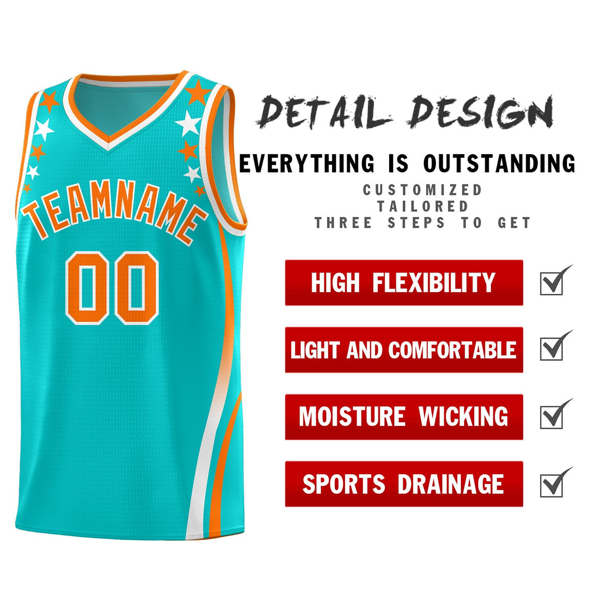 Custom Sky Blue Shoulders Star Pattern Side Color Block Sports Uniform Basketball Jersey