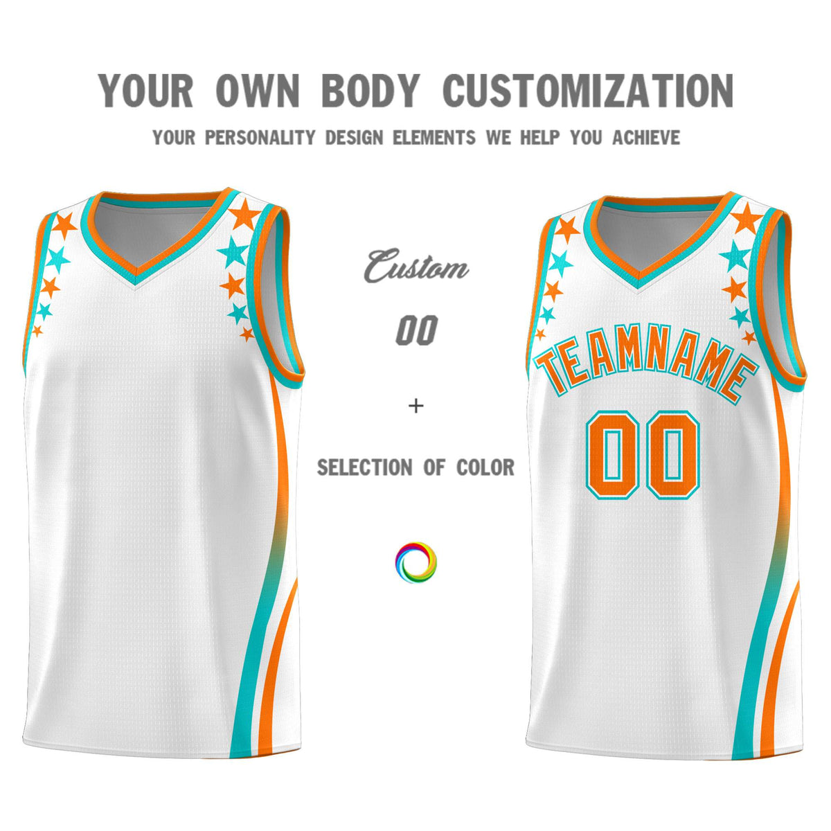 Custom White Shoulders Star Pattern Side Color Block Sports Uniform Basketball Jersey