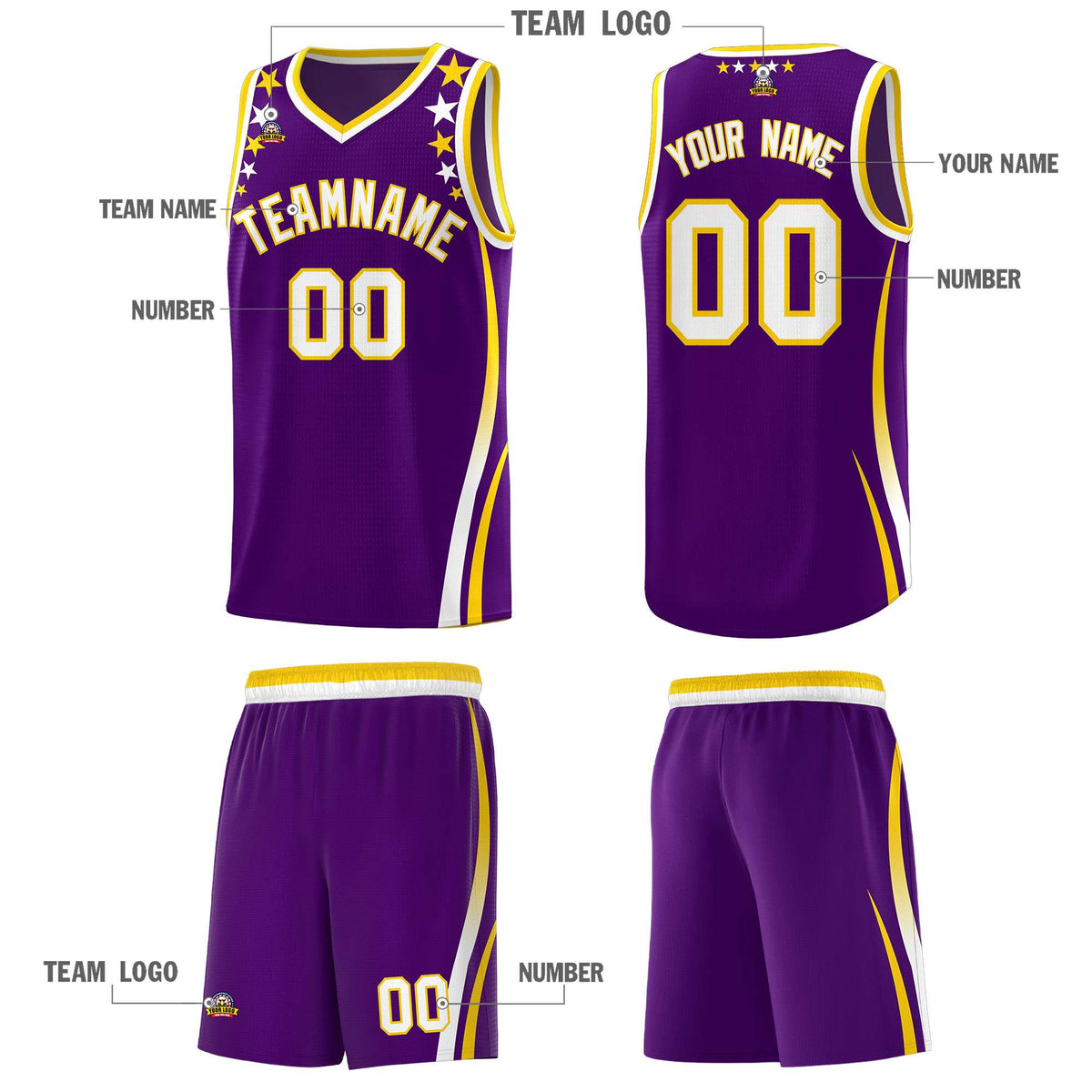 Custom Purple Shoulders Star Pattern Side Color Block Sports Uniform Basketball Jersey