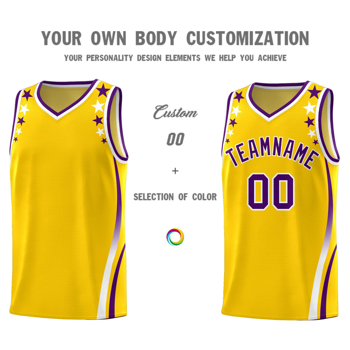 Custom Gold Shoulders Star Pattern Side Color Block Sports Uniform Basketball Jersey