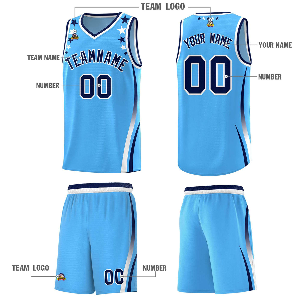Custom Light Blue Shoulders Star Pattern Side Color Block Sports Uniform Basketball Jersey