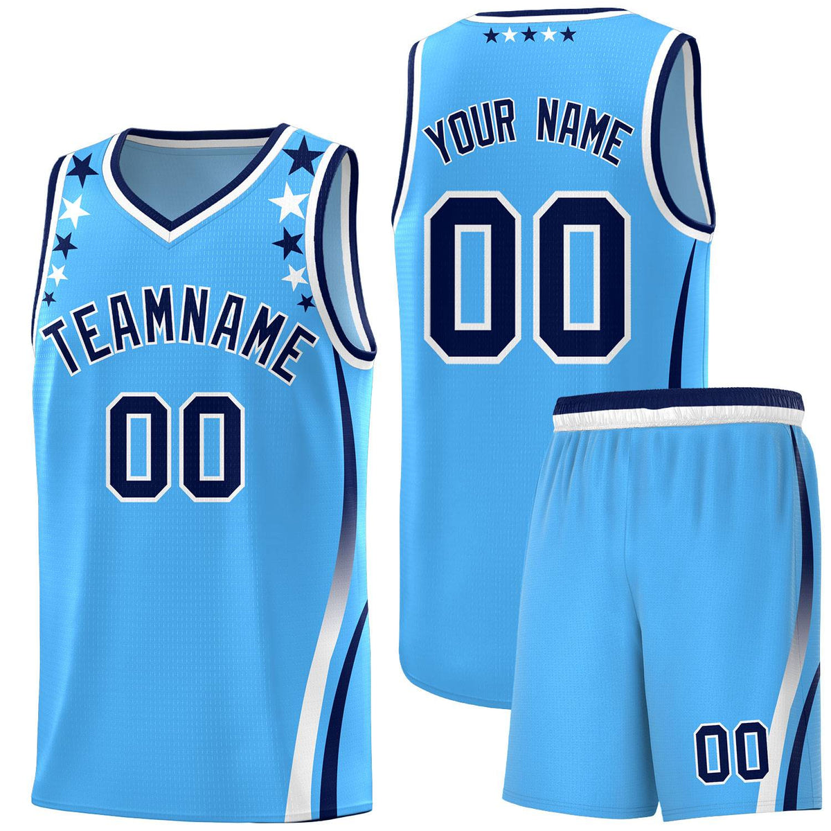 Custom Light Blue Shoulders Star Pattern Side Color Block Sports Uniform Basketball Jersey