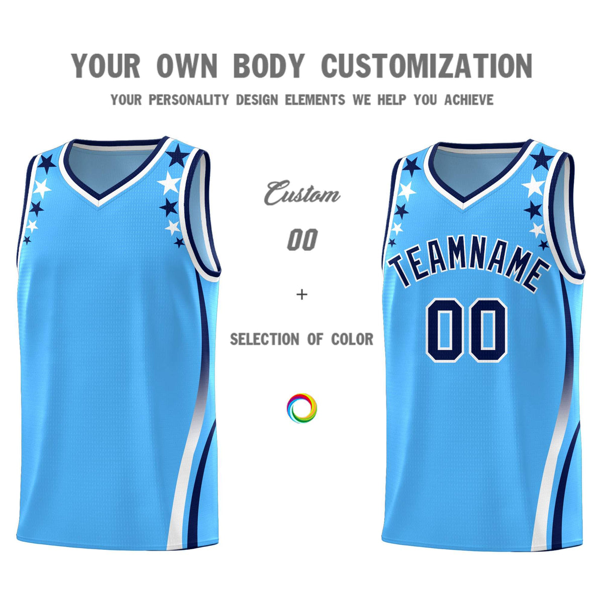Custom Light Blue Shoulders Star Pattern Side Color Block Sports Uniform Basketball Jersey