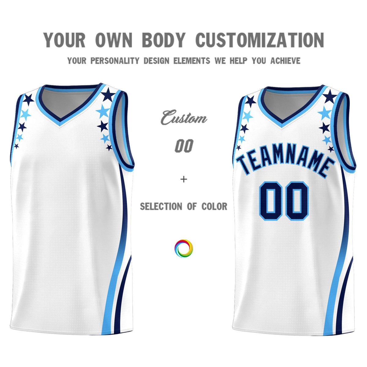 Custom White Shoulders Star Pattern Side Color Block Sports Uniform Basketball Jersey