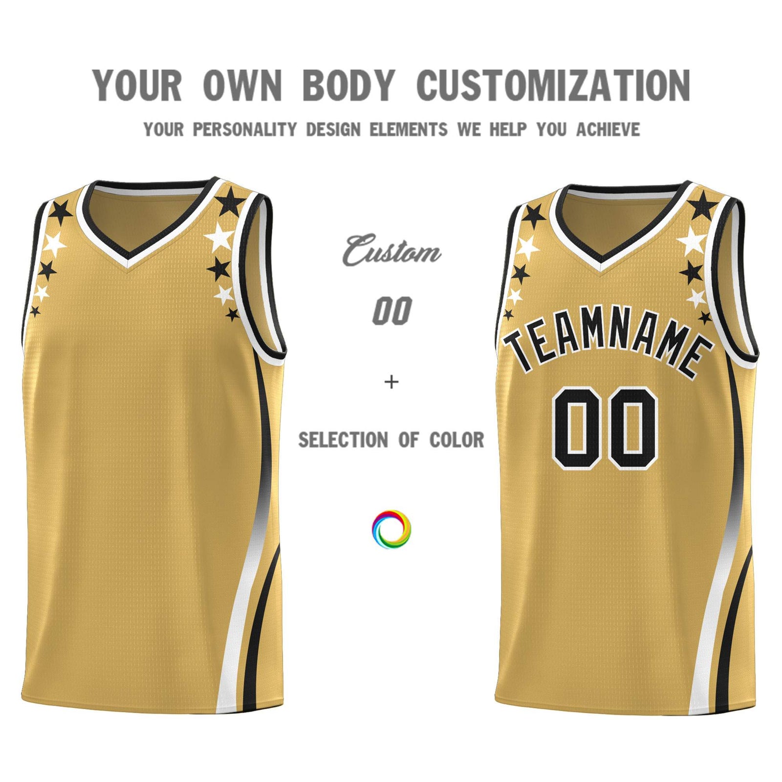 Custom Old Gold Shoulders Star Pattern Side Color Block Sports Uniform Basketball Jersey