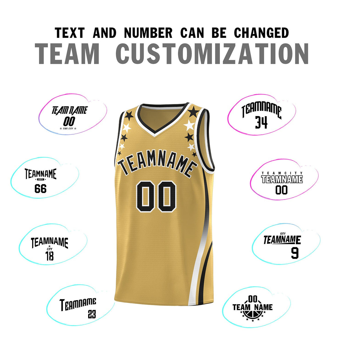 Custom Old Gold Shoulders Star Pattern Side Color Block Sports Uniform Basketball Jersey