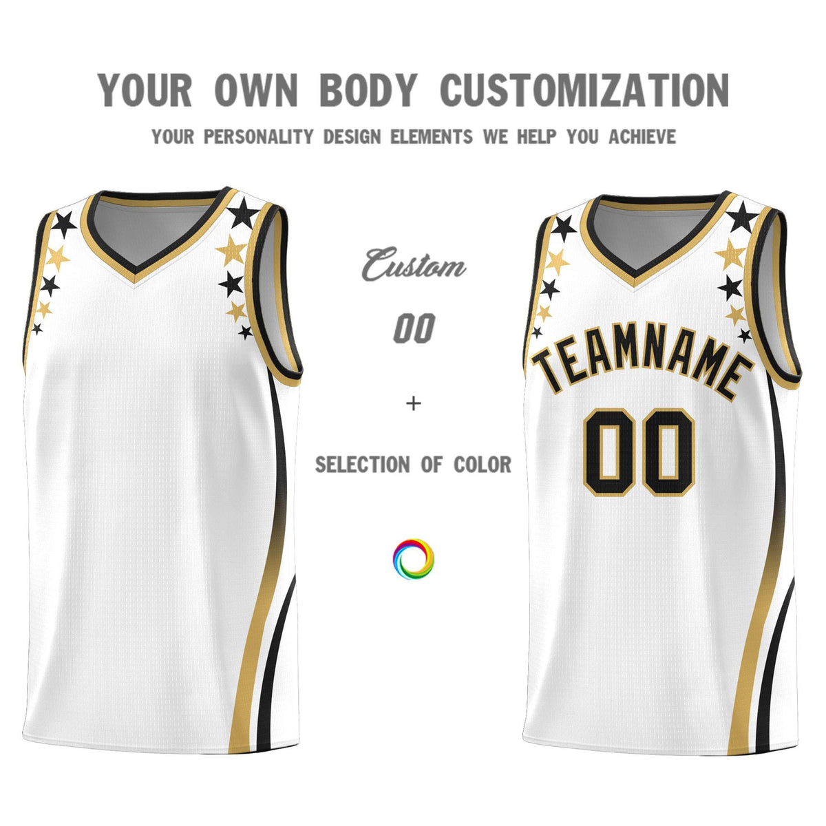 Custom White Shoulders Star Pattern Side Color Block Sports Uniform Basketball Jersey