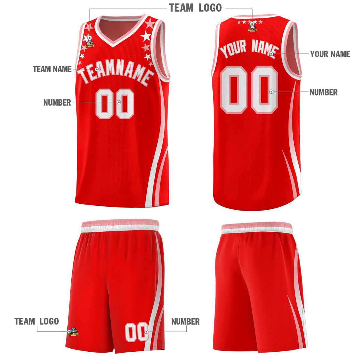 Custom Red Shoulders Star Pattern Side Color Block Sports Uniform Basketball Jersey