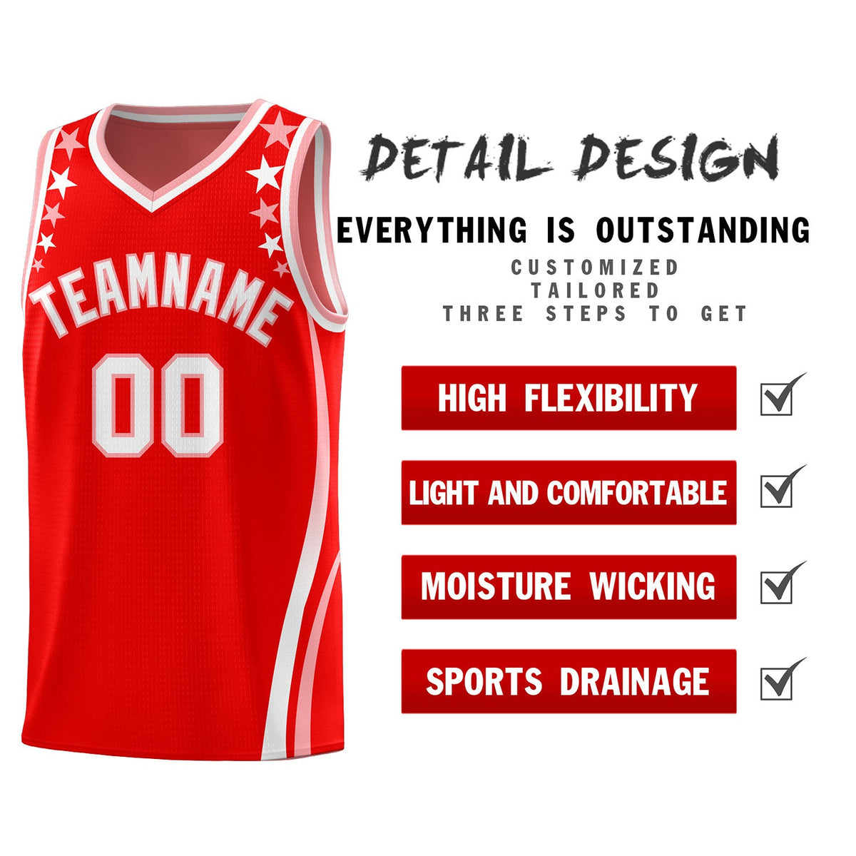 Custom Red Shoulders Star Pattern Side Color Block Sports Uniform Basketball Jersey