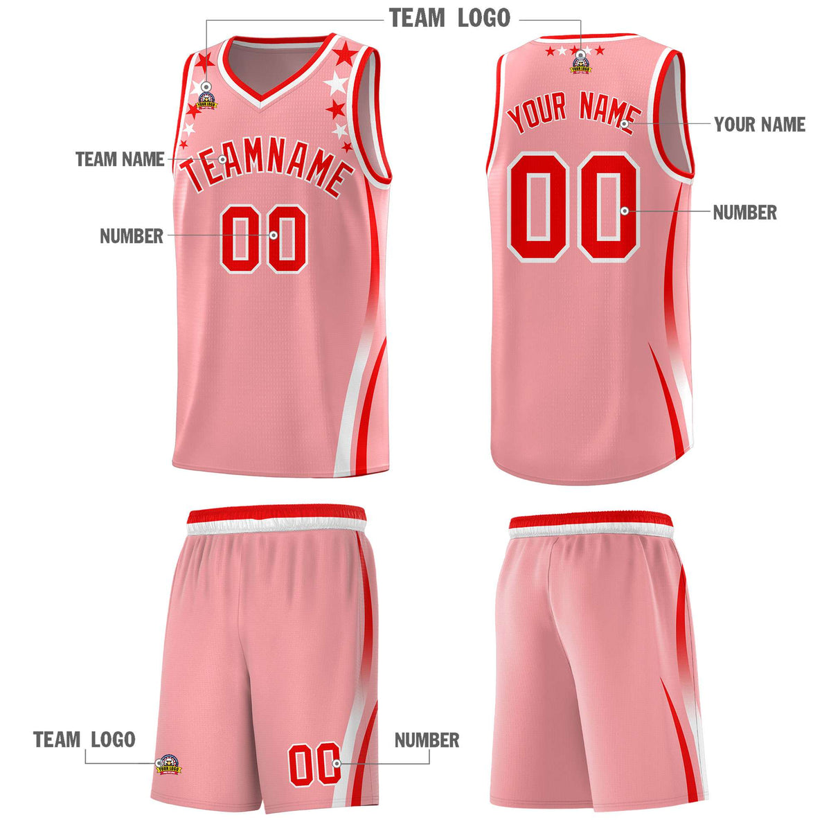 Custom Pink Shoulders Star Pattern Side Color Block Sports Uniform Basketball Jersey