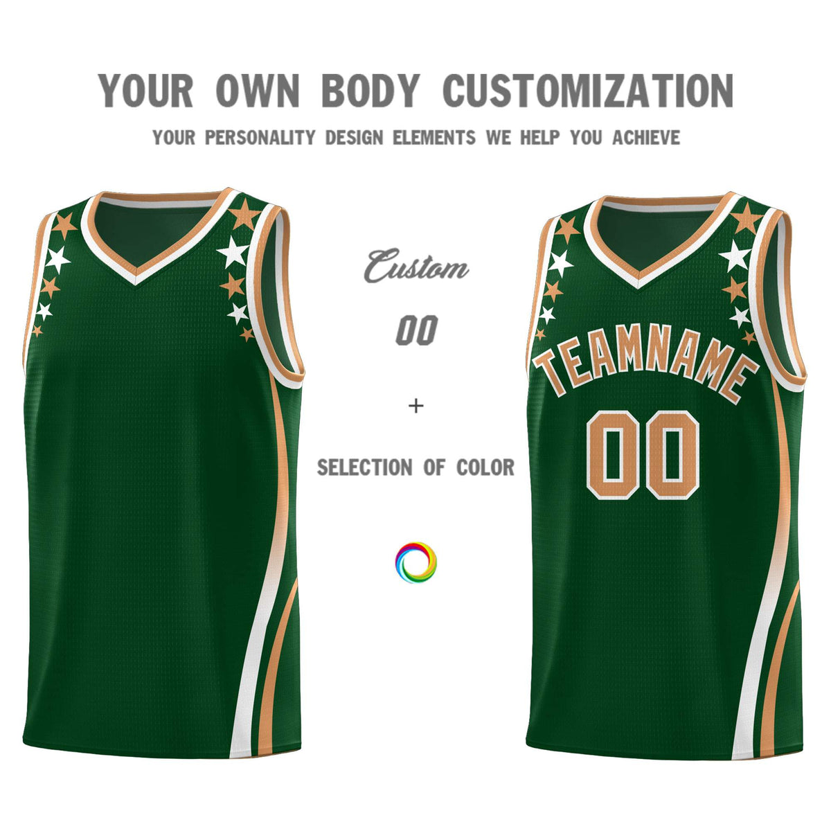 Custom Green Shoulders Star Pattern Side Color Block Sports Uniform Basketball Jersey