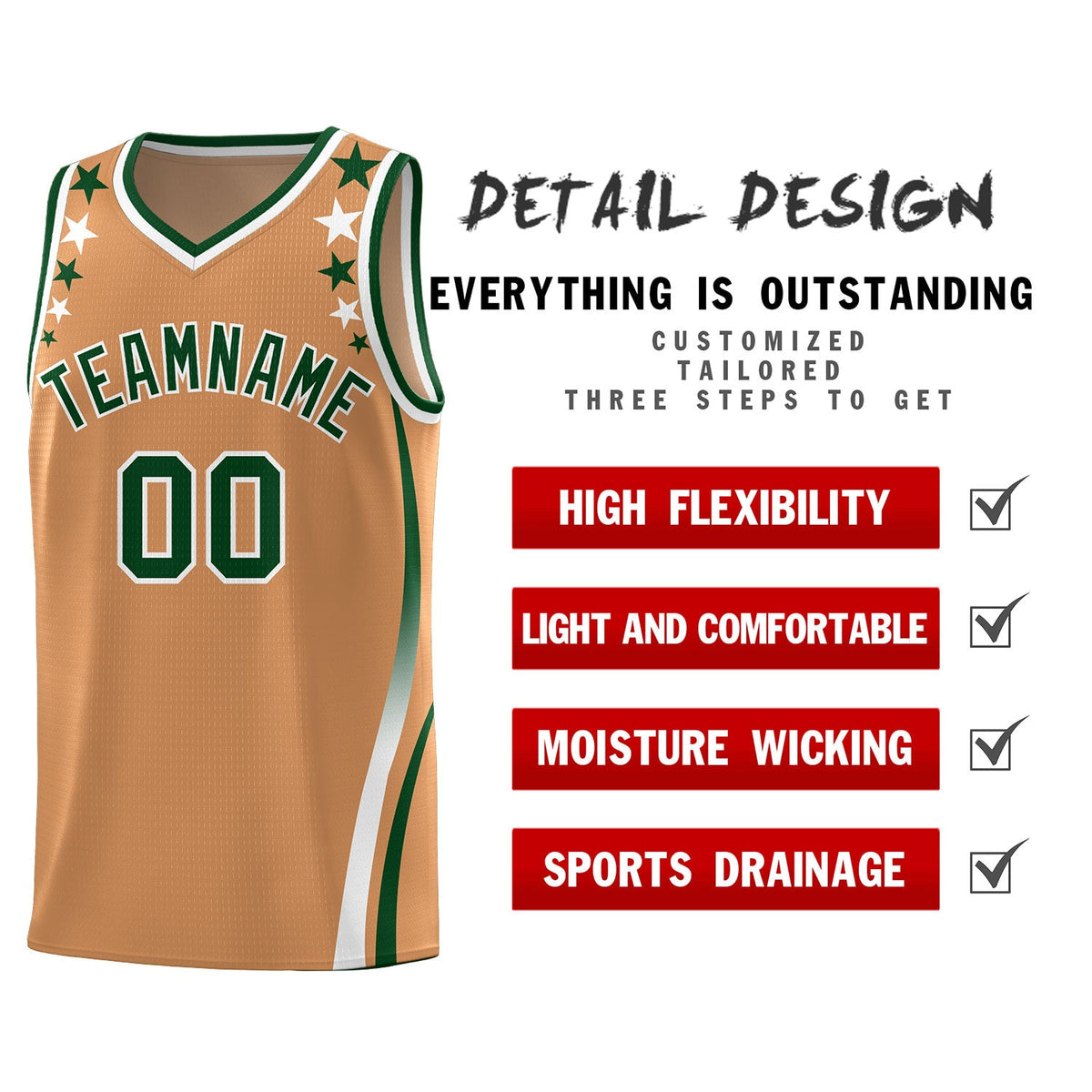 Custom Light Brown Shoulders Star Pattern Side Color Block Sports Uniform Basketball Jersey