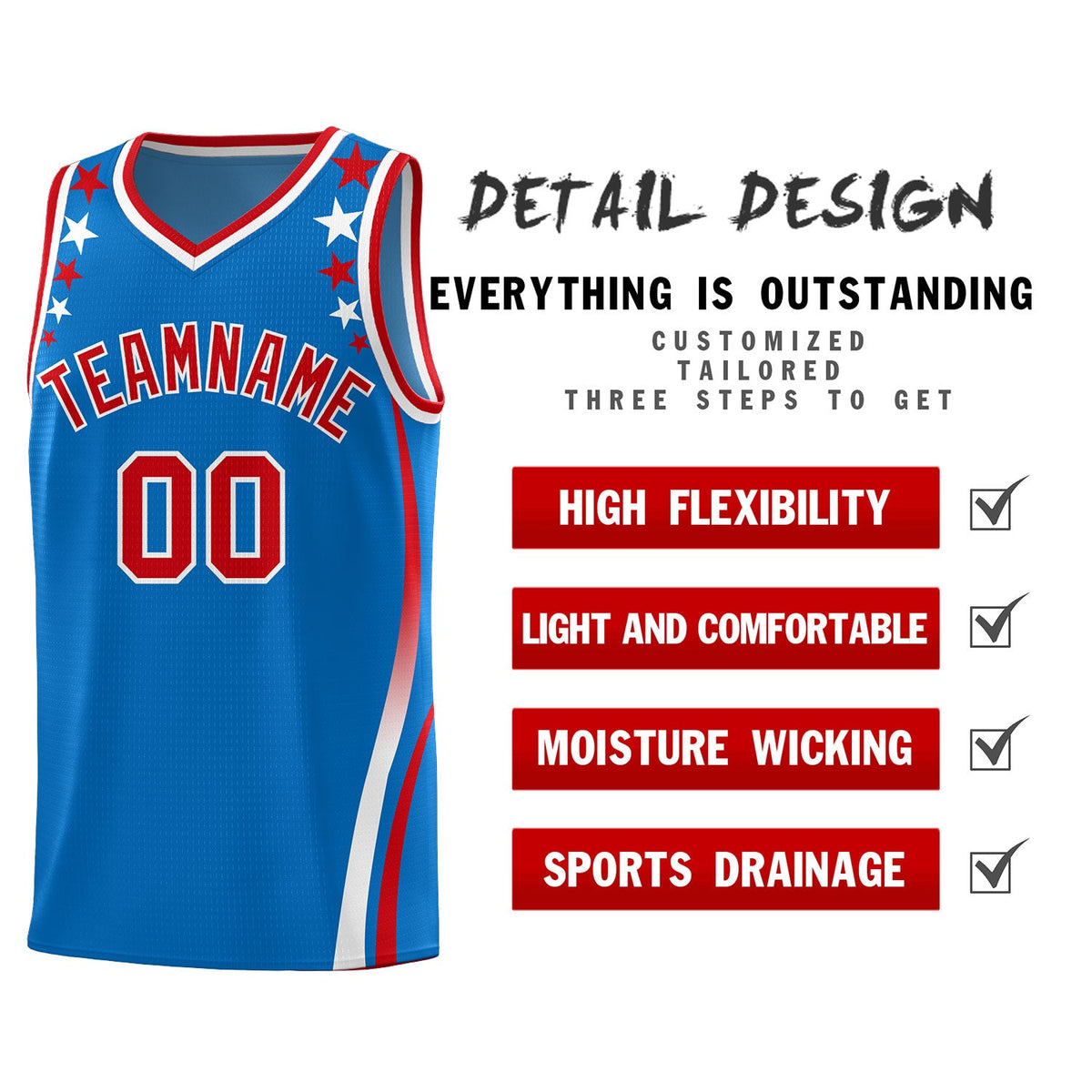 Custom Royal Shoulders Star Pattern Side Color Block Sports Uniform Basketball Jersey