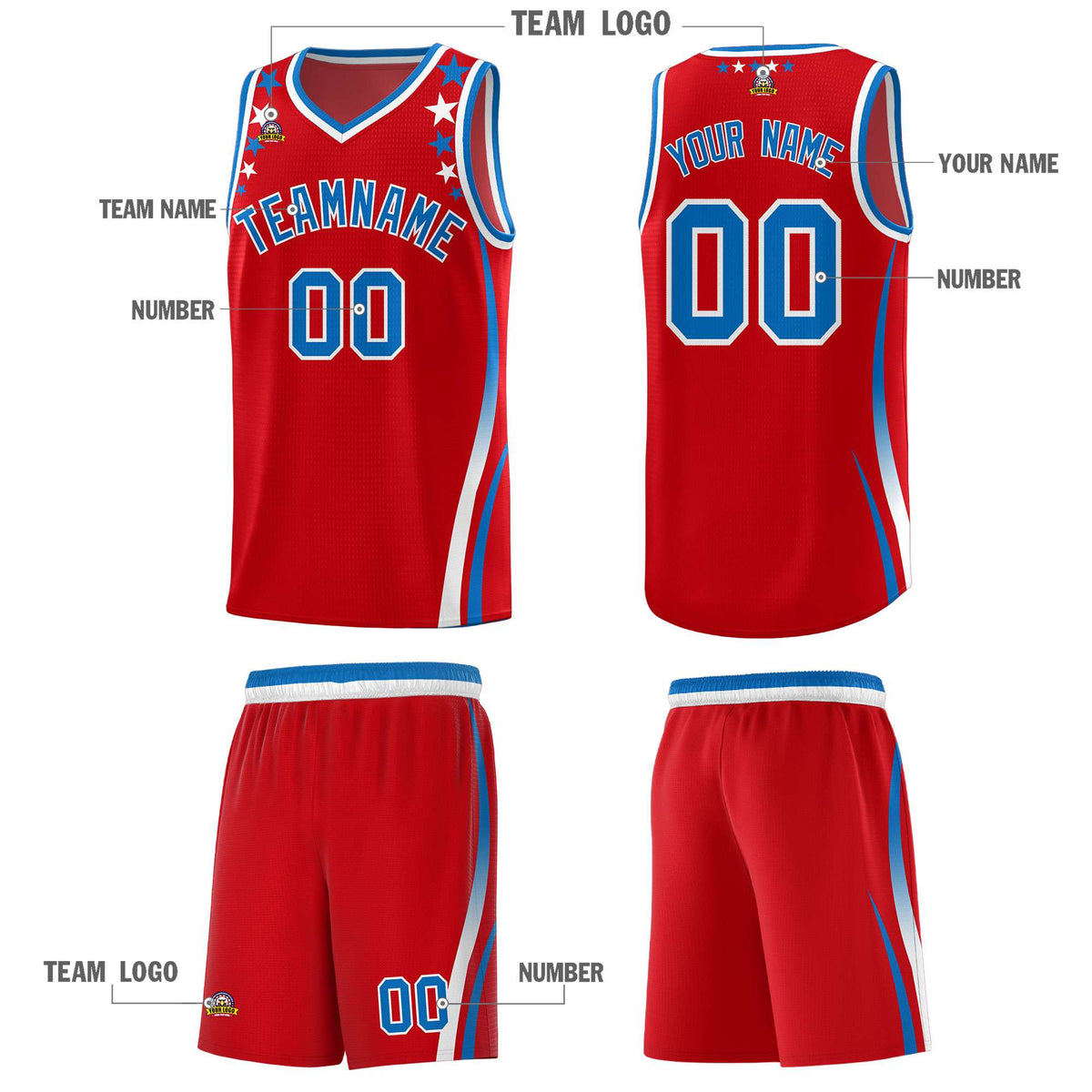 Custom Red Shoulders Star Pattern Side Color Block Sports Uniform Basketball Jersey