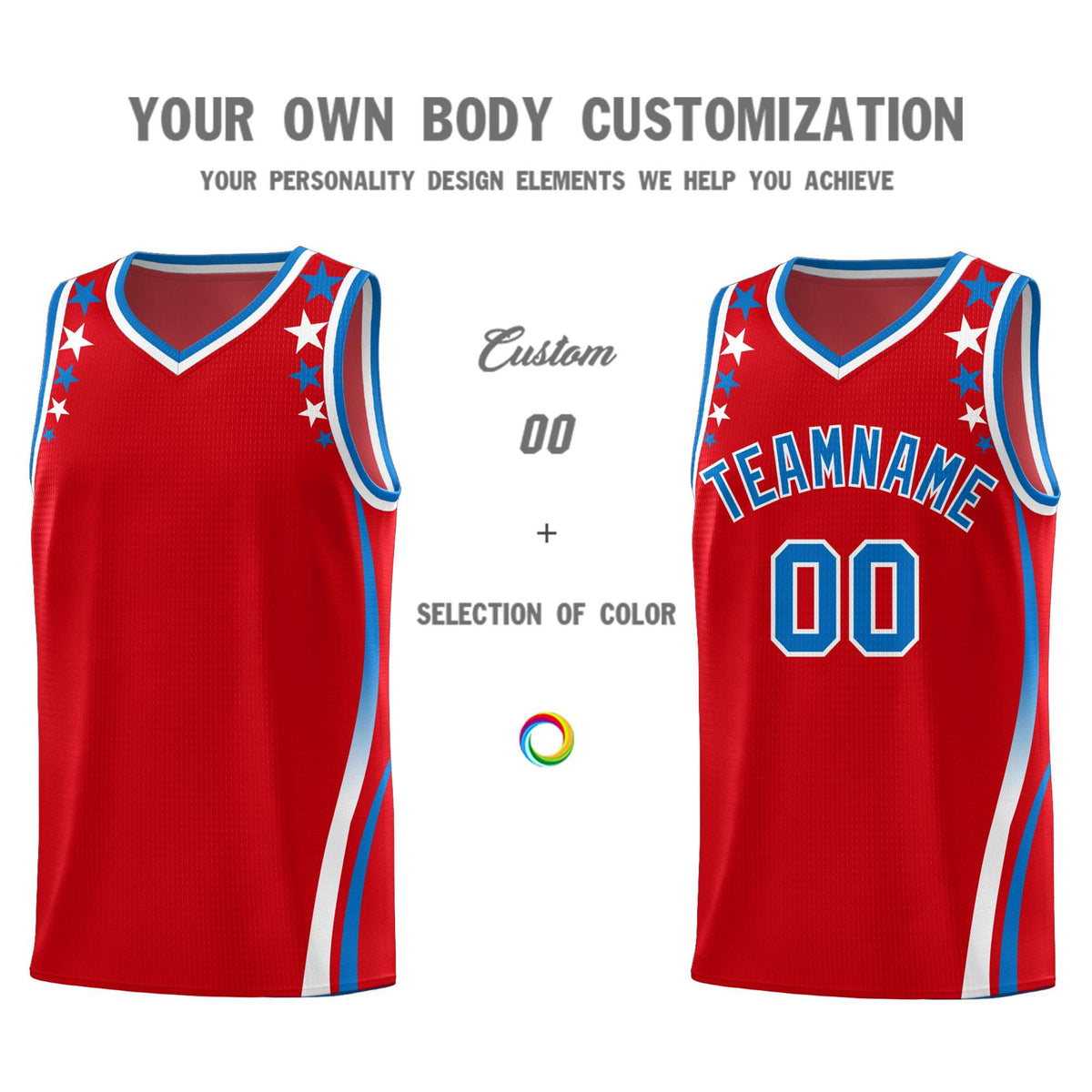 Custom Red Shoulders Star Pattern Side Color Block Sports Uniform Basketball Jersey