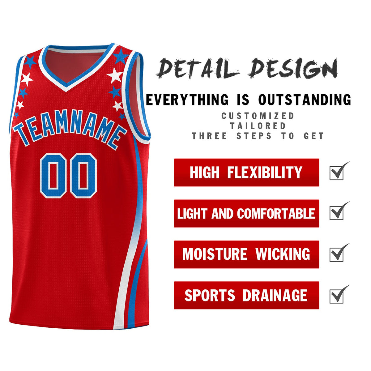 Custom Red Shoulders Star Pattern Side Color Block Sports Uniform Basketball Jersey