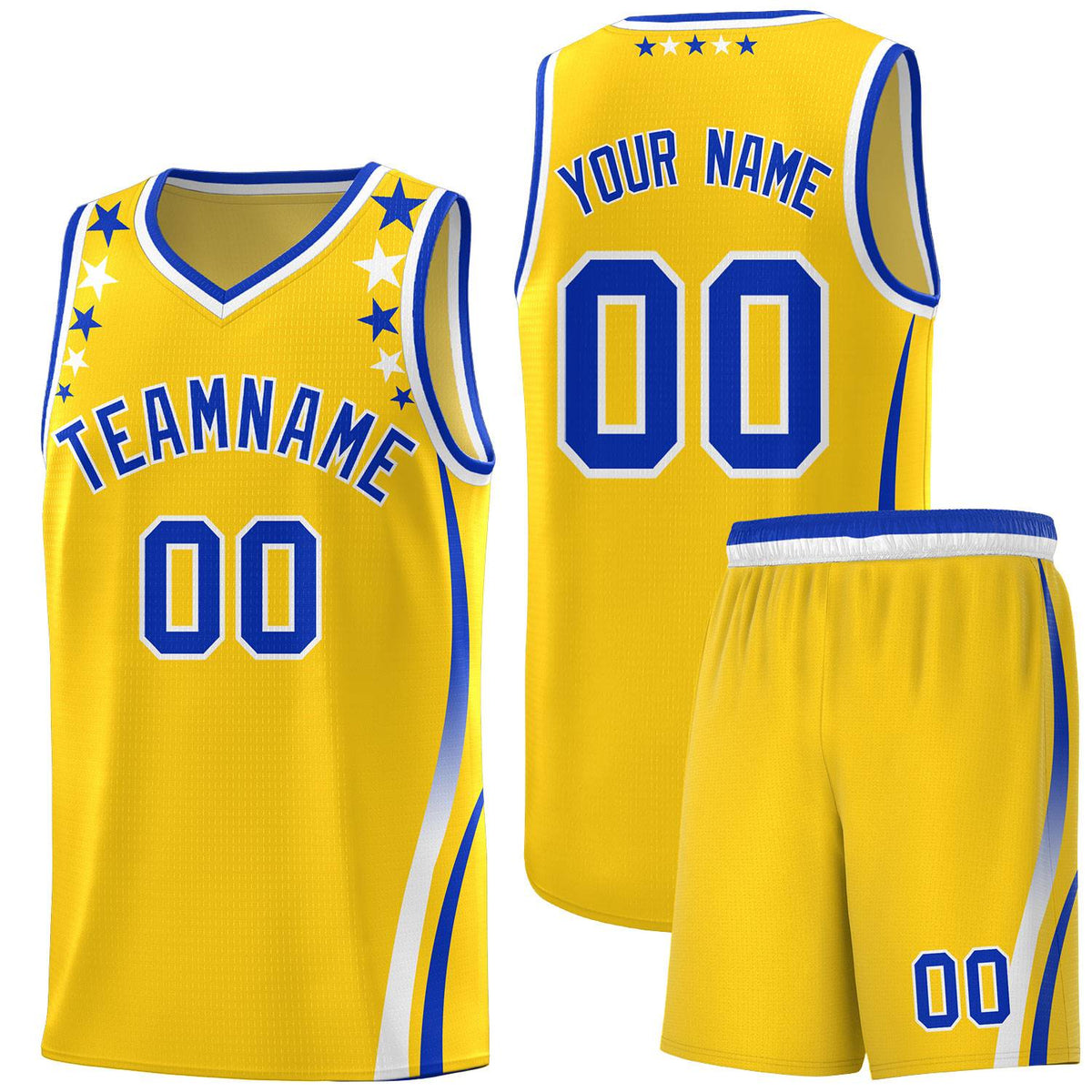 Custom Gold Shoulders Star Pattern Side Color Block Sports Uniform Basketball Jersey