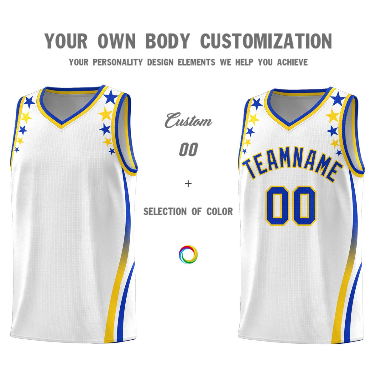 Custom White Shoulders Star Pattern Side Color Block Sports Uniform Basketball Jersey