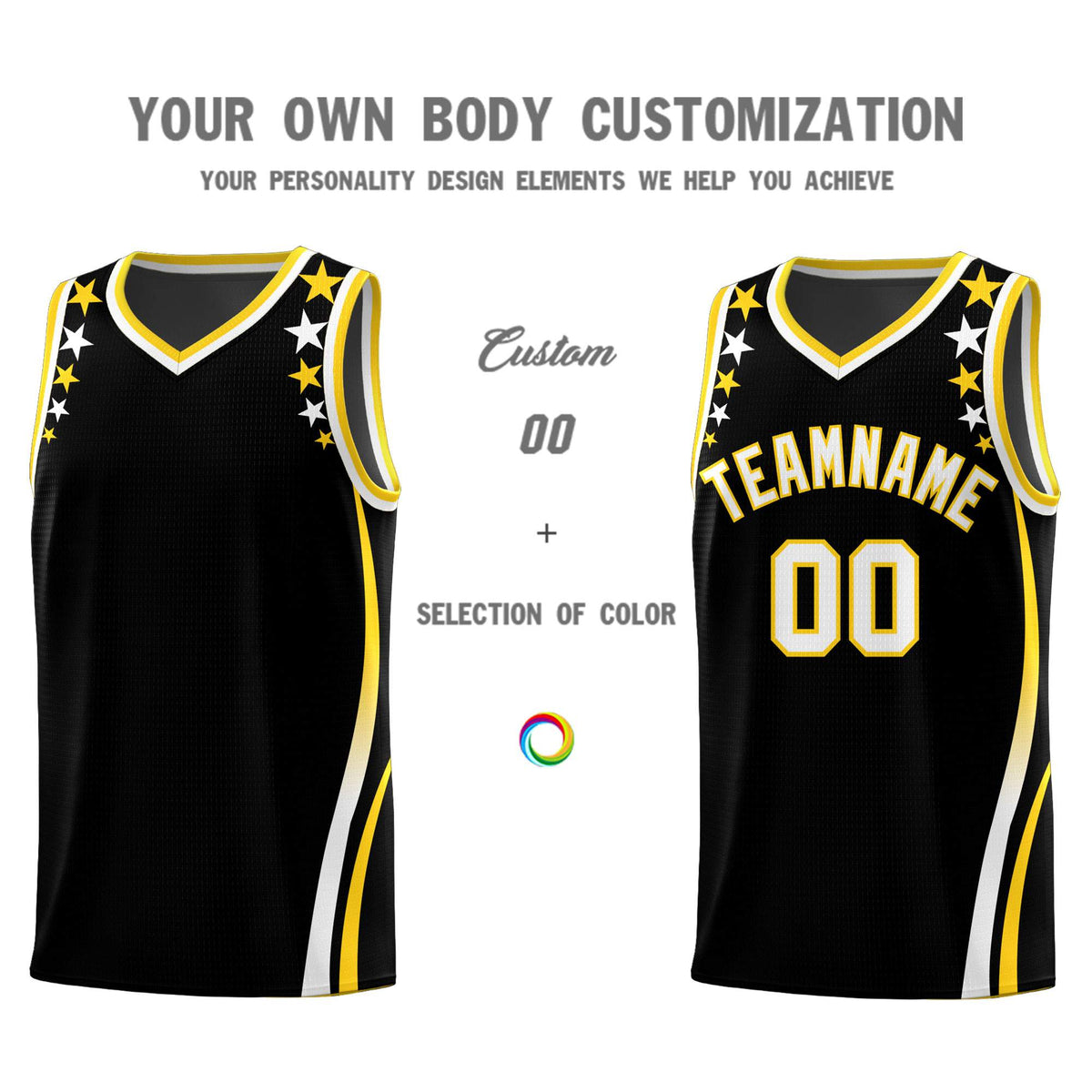 Custom Black Shoulders Star Pattern Side Color Block Sports Uniform Basketball Jersey