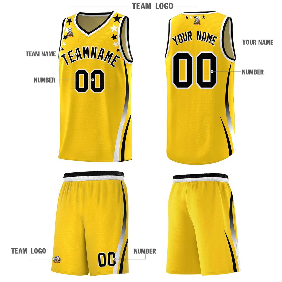 Custom Gold Shoulders Star Pattern Side Color Block Sports Uniform Basketball Jersey