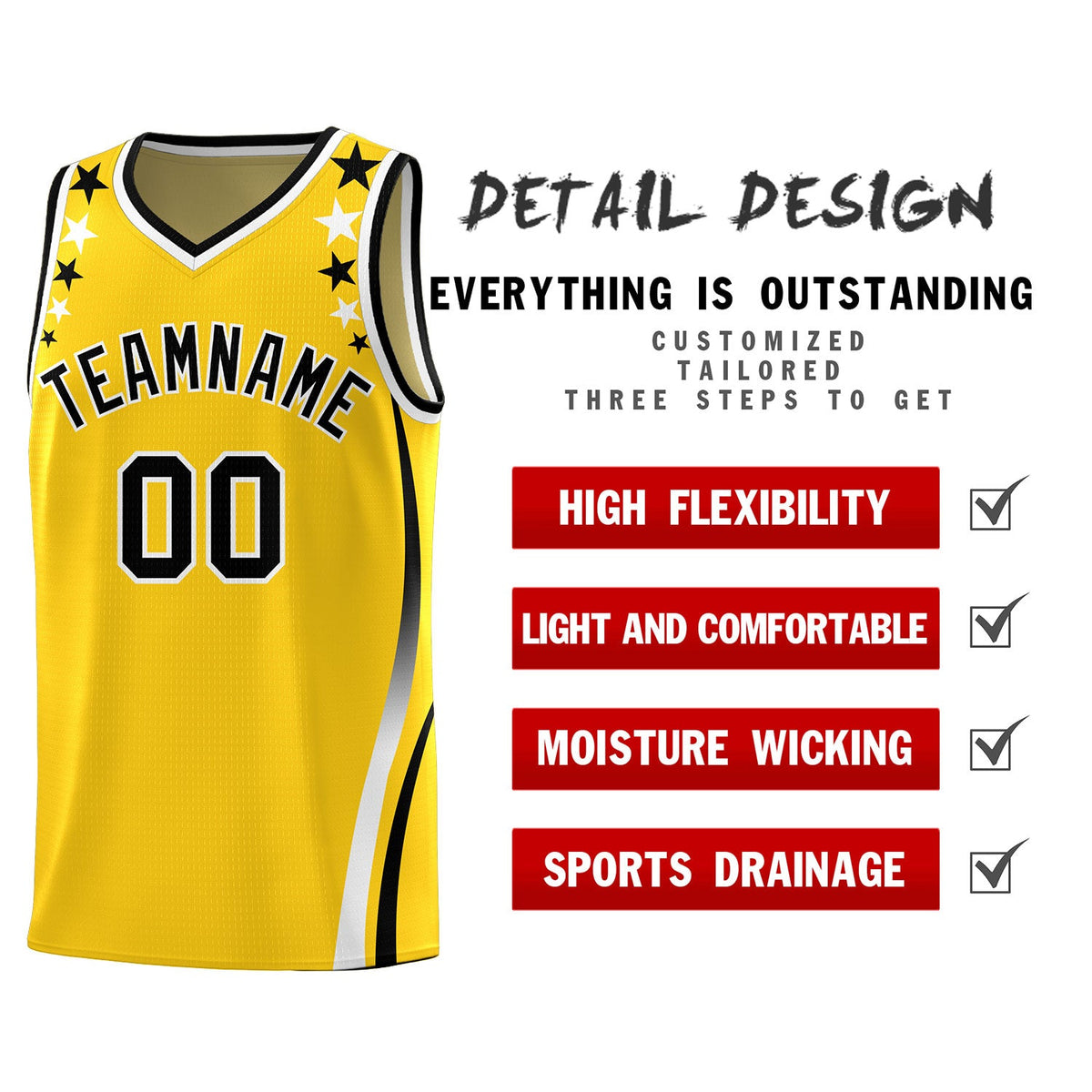 Custom Gold Shoulders Star Pattern Side Color Block Sports Uniform Basketball Jersey
