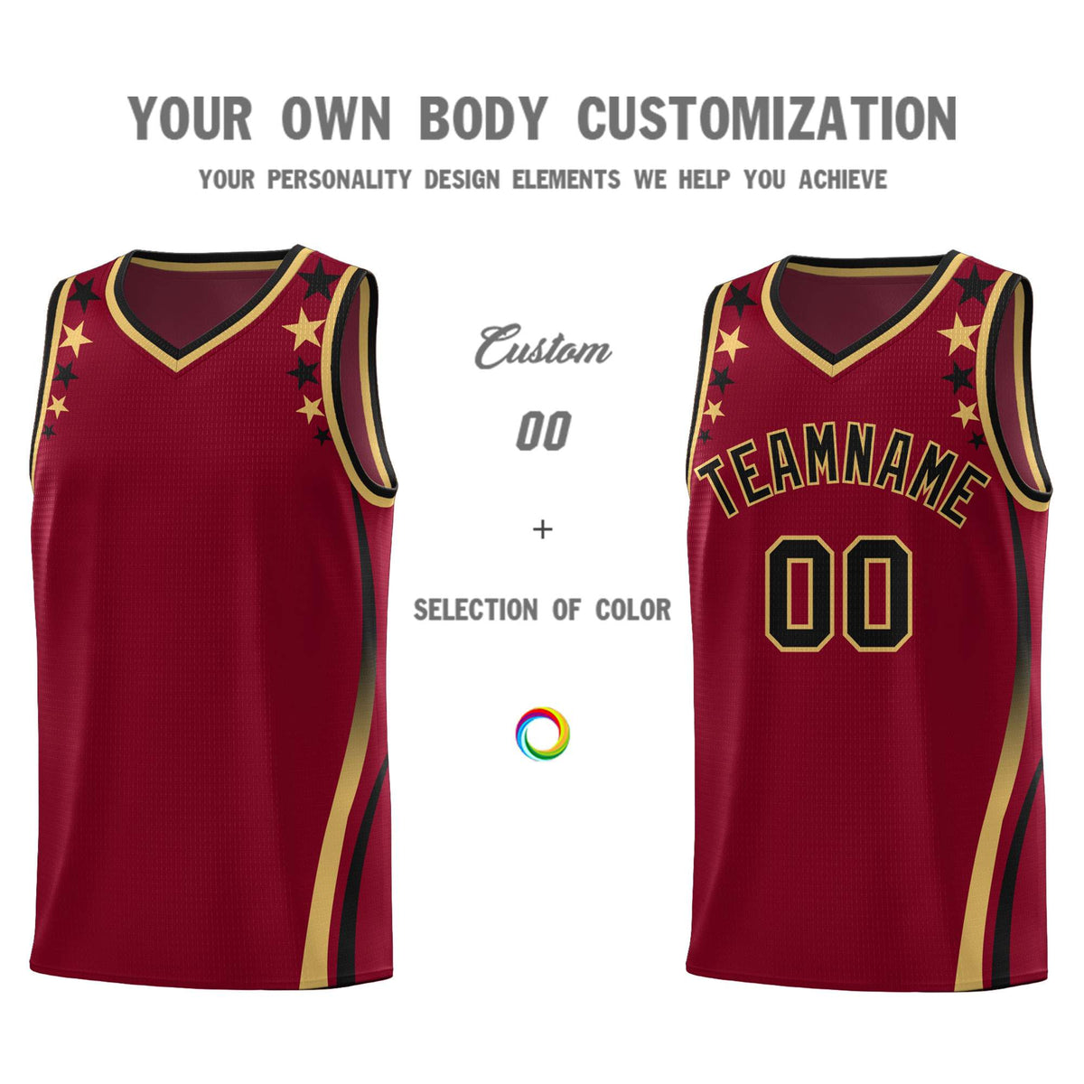 Custom Crimson Shoulders Star Pattern Side Color Block Sports Uniform Basketball Jersey