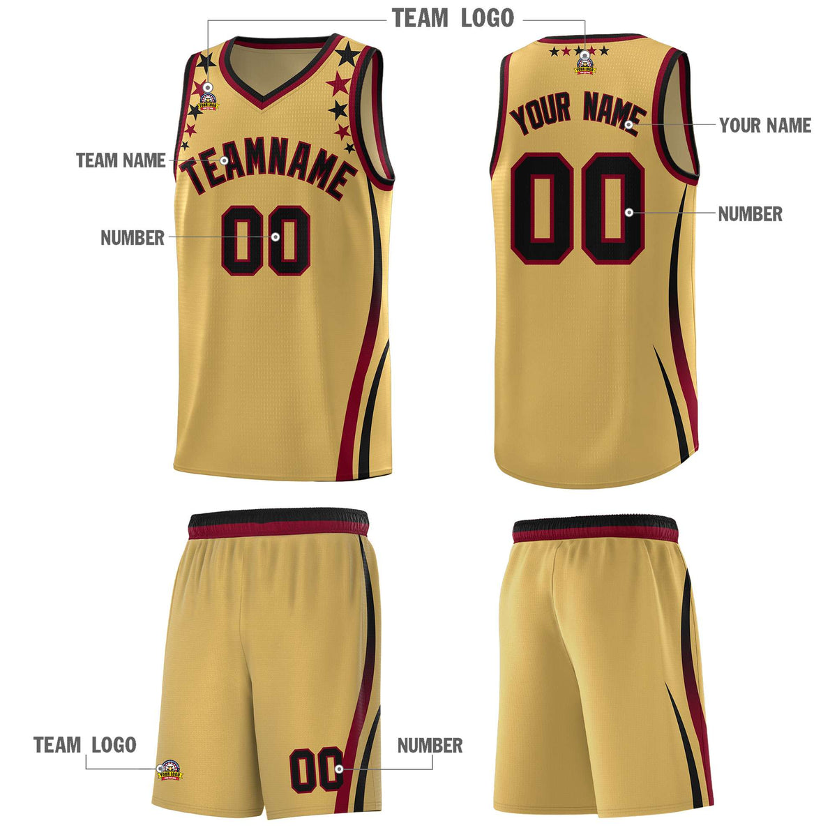 Custom Old Gold Shoulders Star Pattern Side Color Block Sports Uniform Basketball Jersey