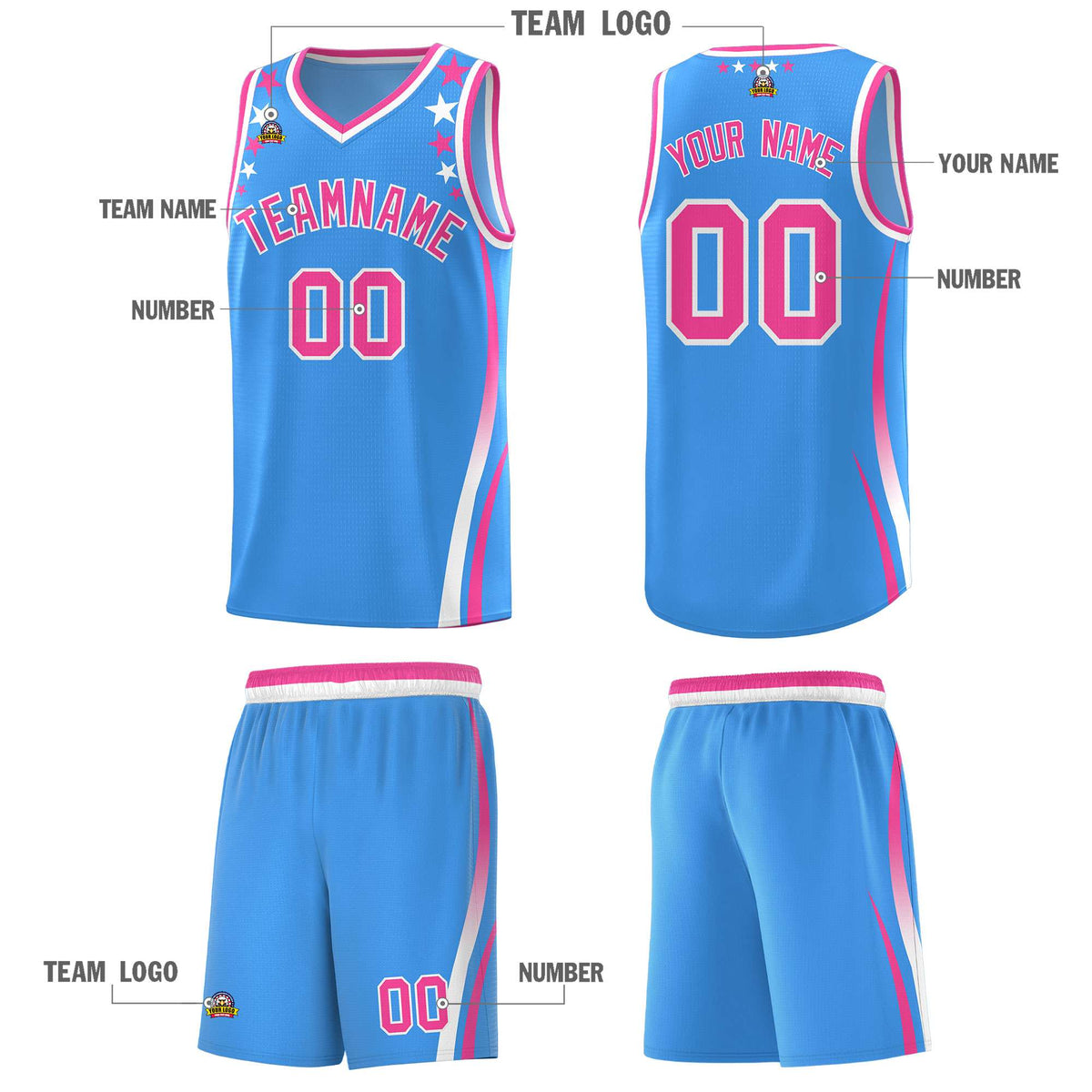 Custom Light Blue Shoulders Star Pattern Side Color Block Sports Uniform Basketball Jersey