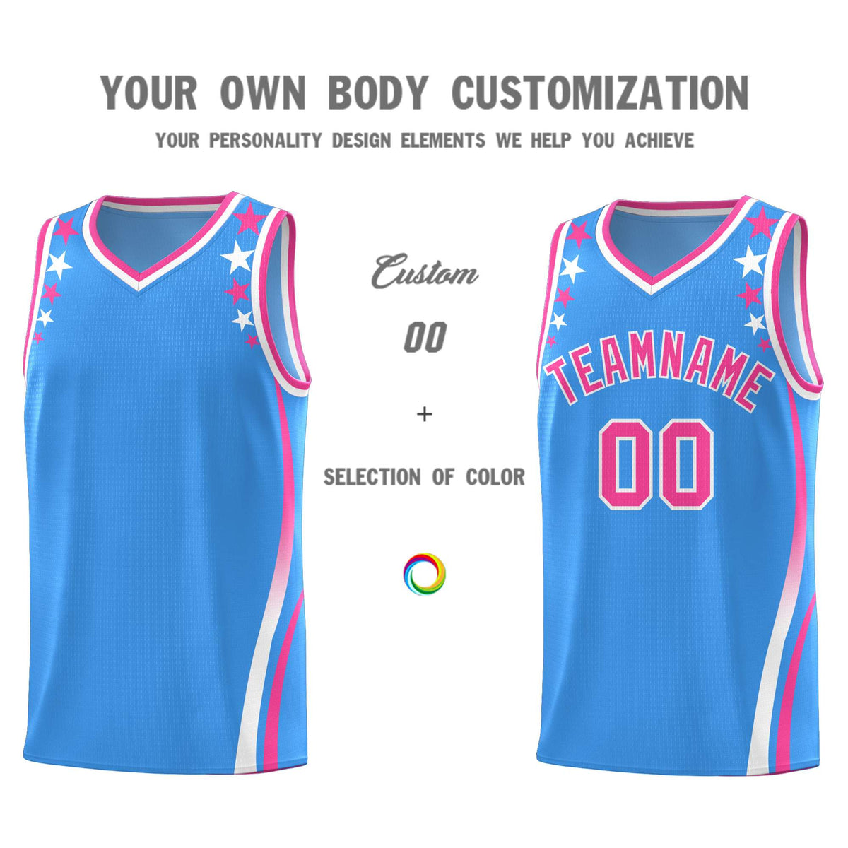 Custom Light Blue Shoulders Star Pattern Side Color Block Sports Uniform Basketball Jersey