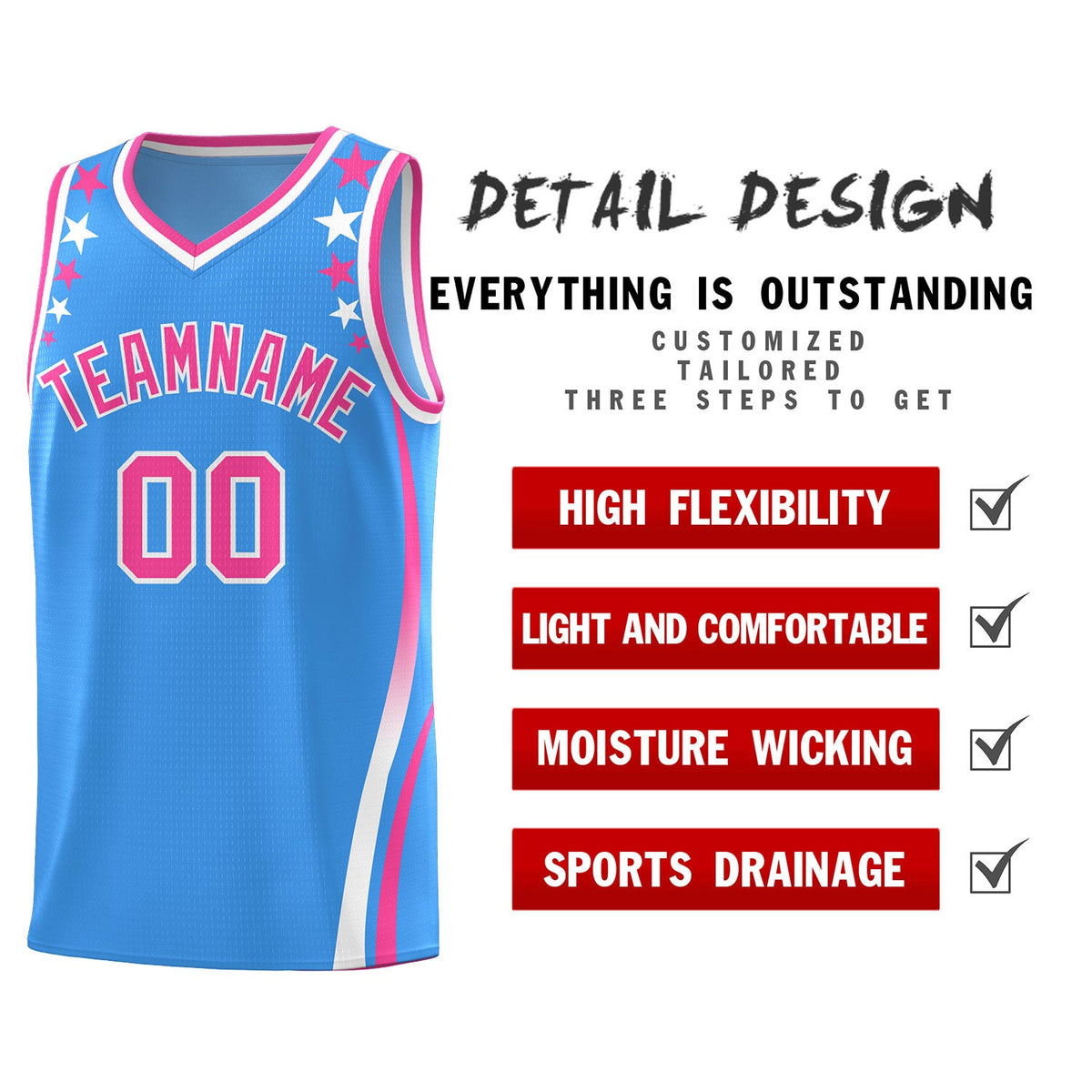 Custom Light Blue Shoulders Star Pattern Side Color Block Sports Uniform Basketball Jersey