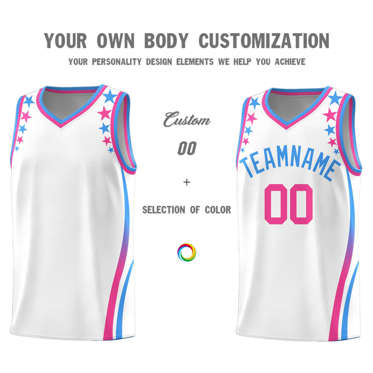 Custom White Shoulders Star Pattern Side Color Block Sports Uniform Basketball Jersey
