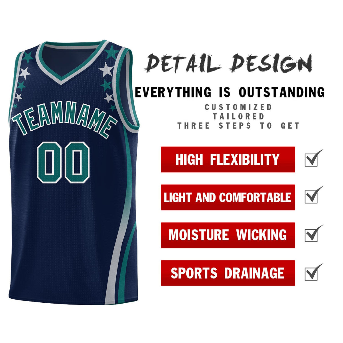Custom Navy Shoulders Star Pattern Side Color Block Sports Uniform Basketball Jersey