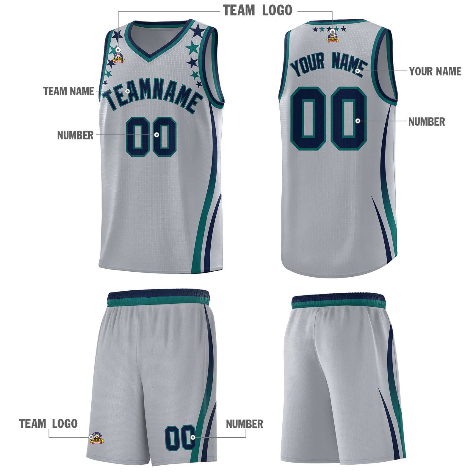 Custom Gray Shoulders Star Pattern Side Color Block Sports Uniform Basketball Jersey