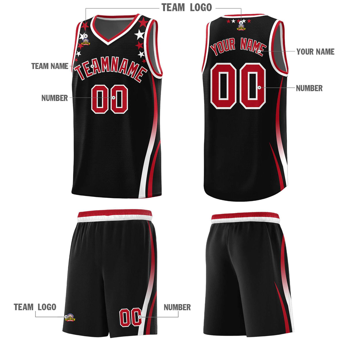 Custom Black Shoulders Star Pattern Side Color Block Sports Uniform Basketball Jersey