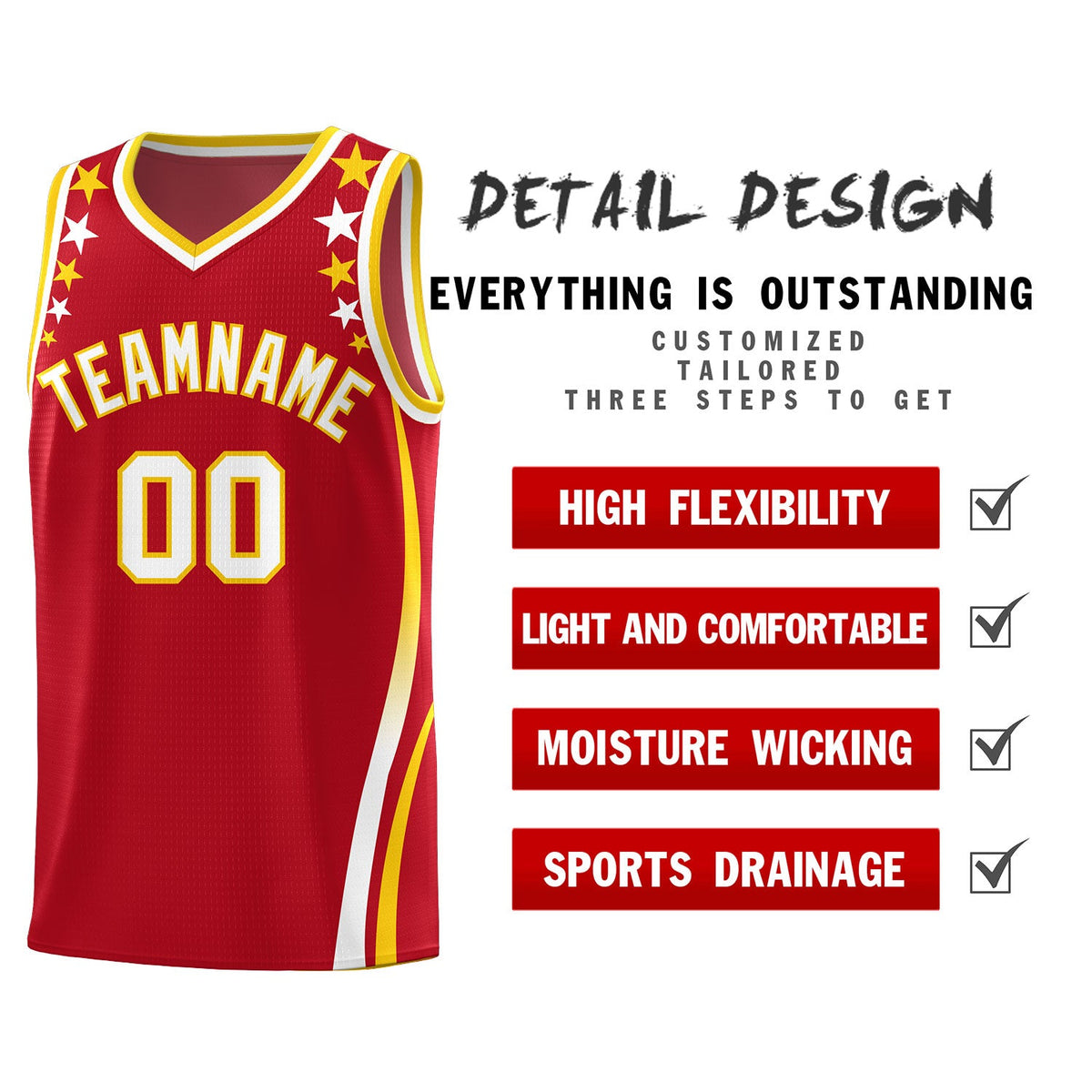 Custom Red Shoulders Star Pattern Side Color Block Sports Uniform Basketball Jersey