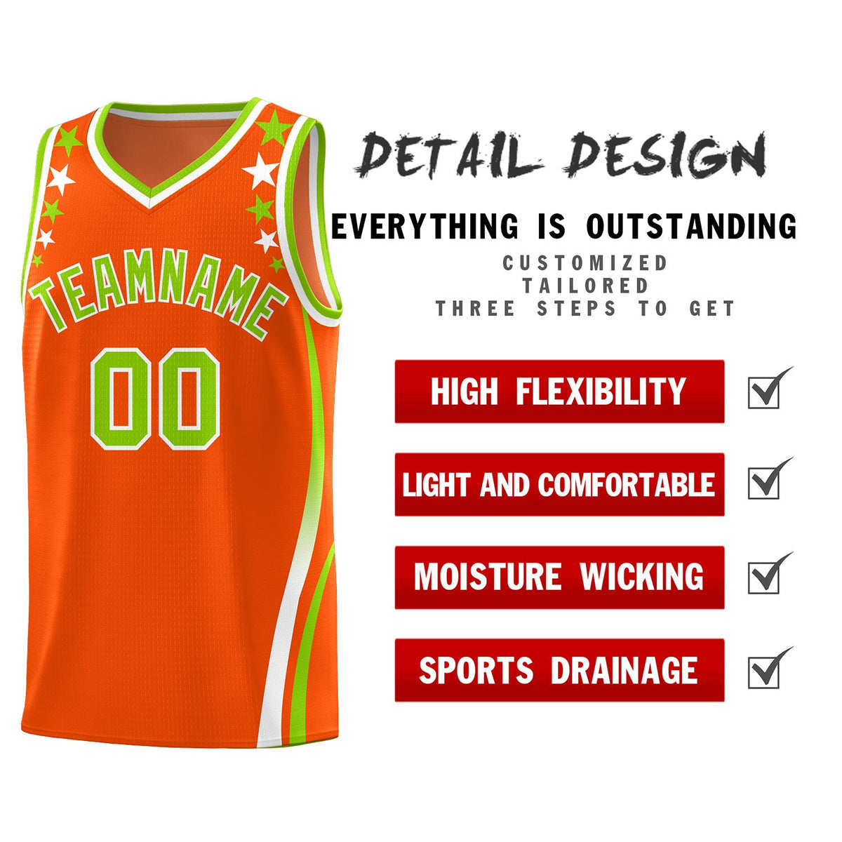 Custom Orange Shoulders Star Pattern Side Color Block Sports Uniform Basketball Jersey