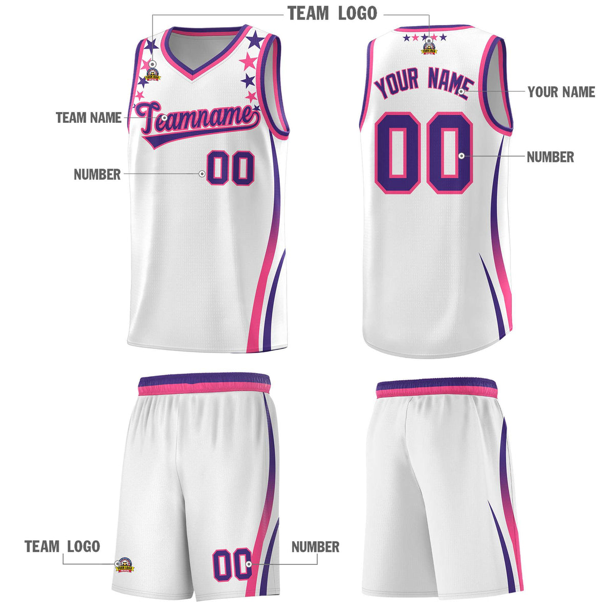 Custom White Shoulders Star Pattern Side Color Block Sports Uniform Basketball Jersey
