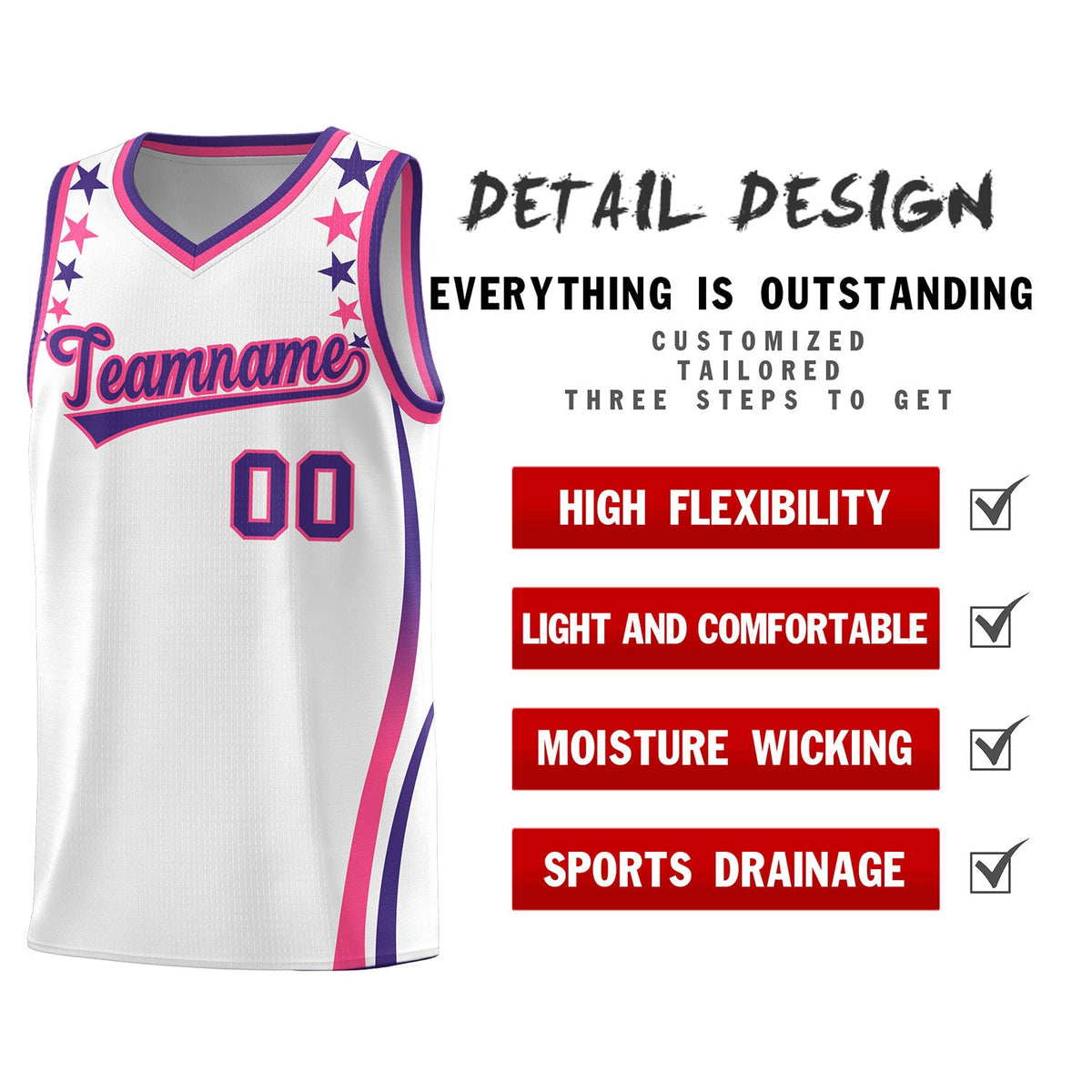 Custom White Shoulders Star Pattern Side Color Block Sports Uniform Basketball Jersey