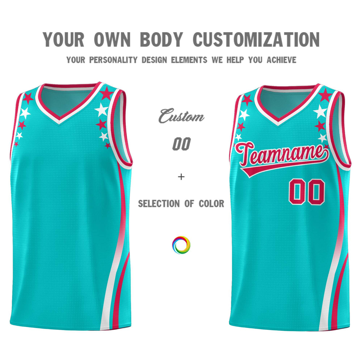 Custom Sky Blue Shoulders Star Pattern Side Color Block Sports Uniform Basketball Jersey