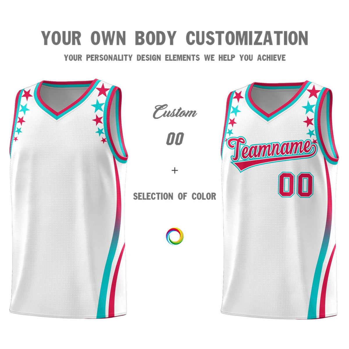 Custom White Shoulders Star Pattern Side Color Block Sports Uniform Basketball Jersey