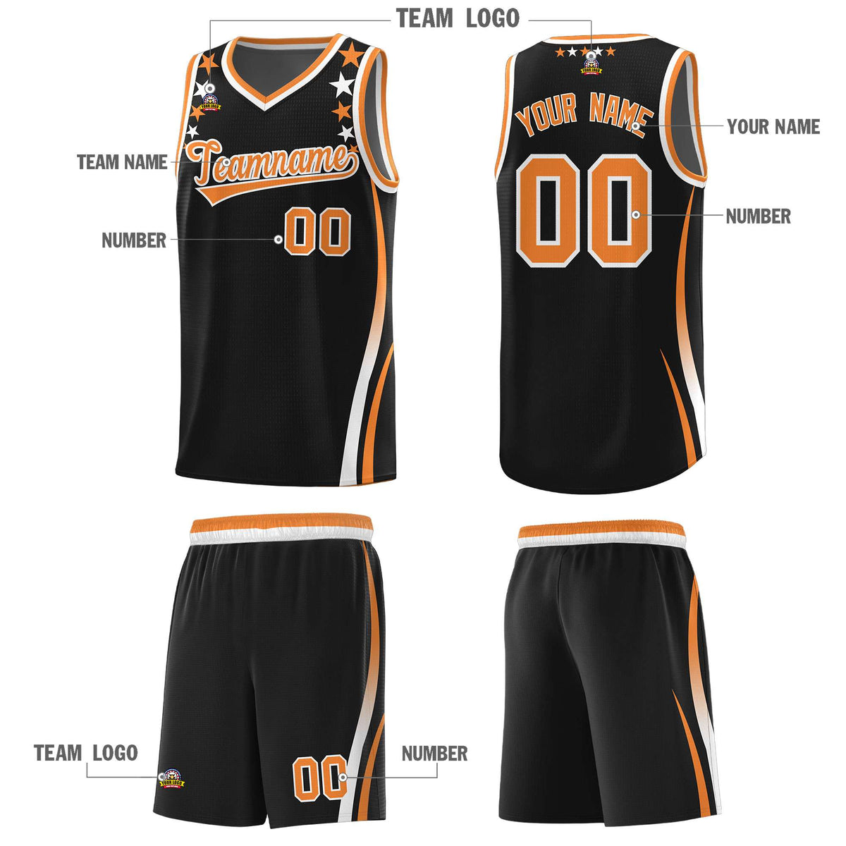 Custom Black Shoulders Star Pattern Side Color Block Sports Uniform Basketball Jersey