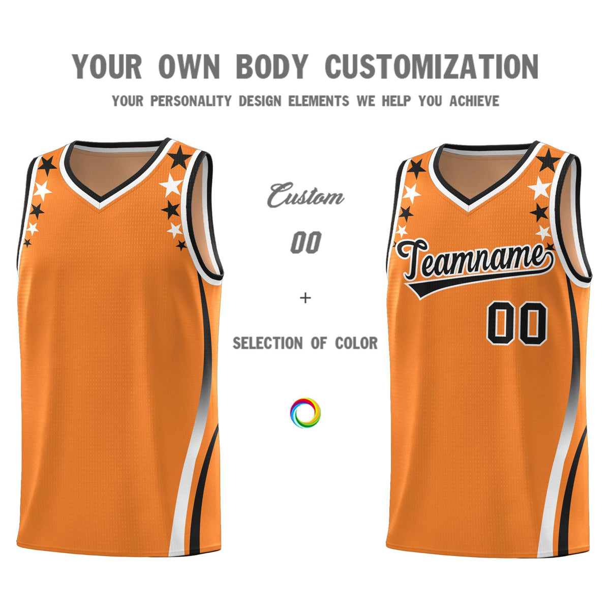 Custom Orange Shoulders Star Pattern Side Color Block Sports Uniform Basketball Jersey