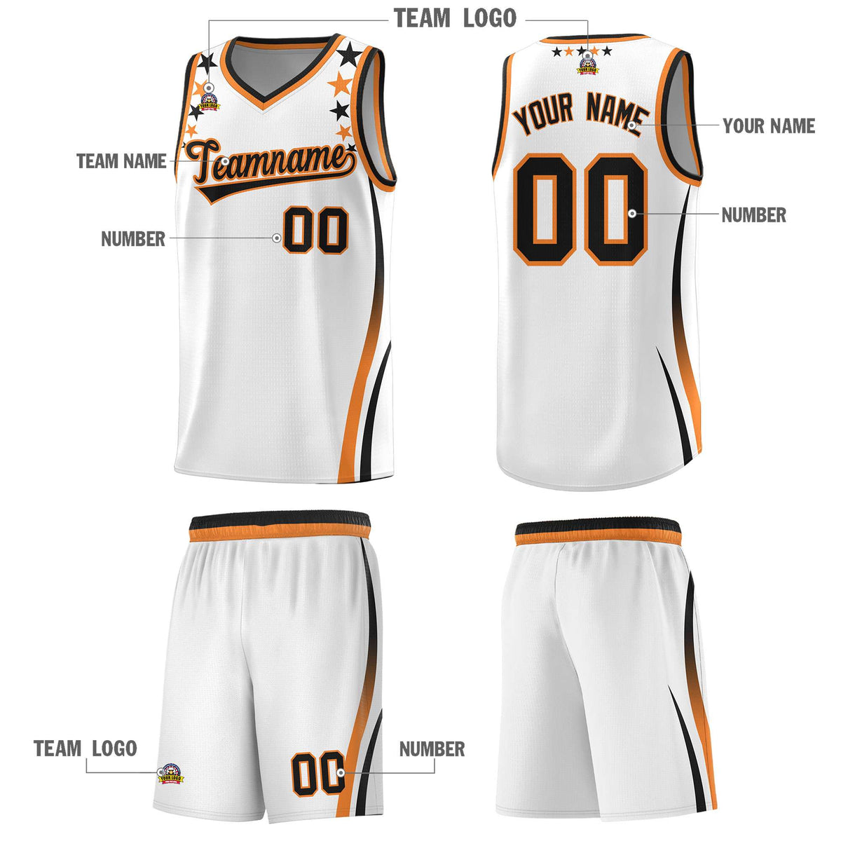 Custom White Shoulders Star Pattern Side Color Block Sports Uniform Basketball Jersey