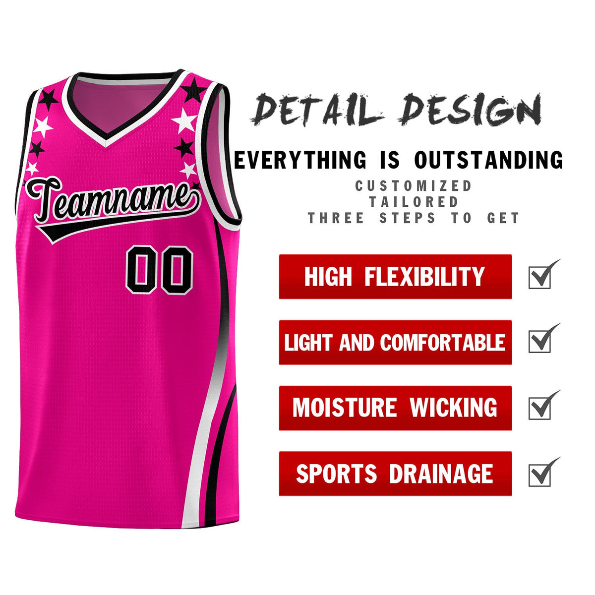 Custom Red Shoulders Star Pattern Side Color Block Sports Uniform Basketball Jersey