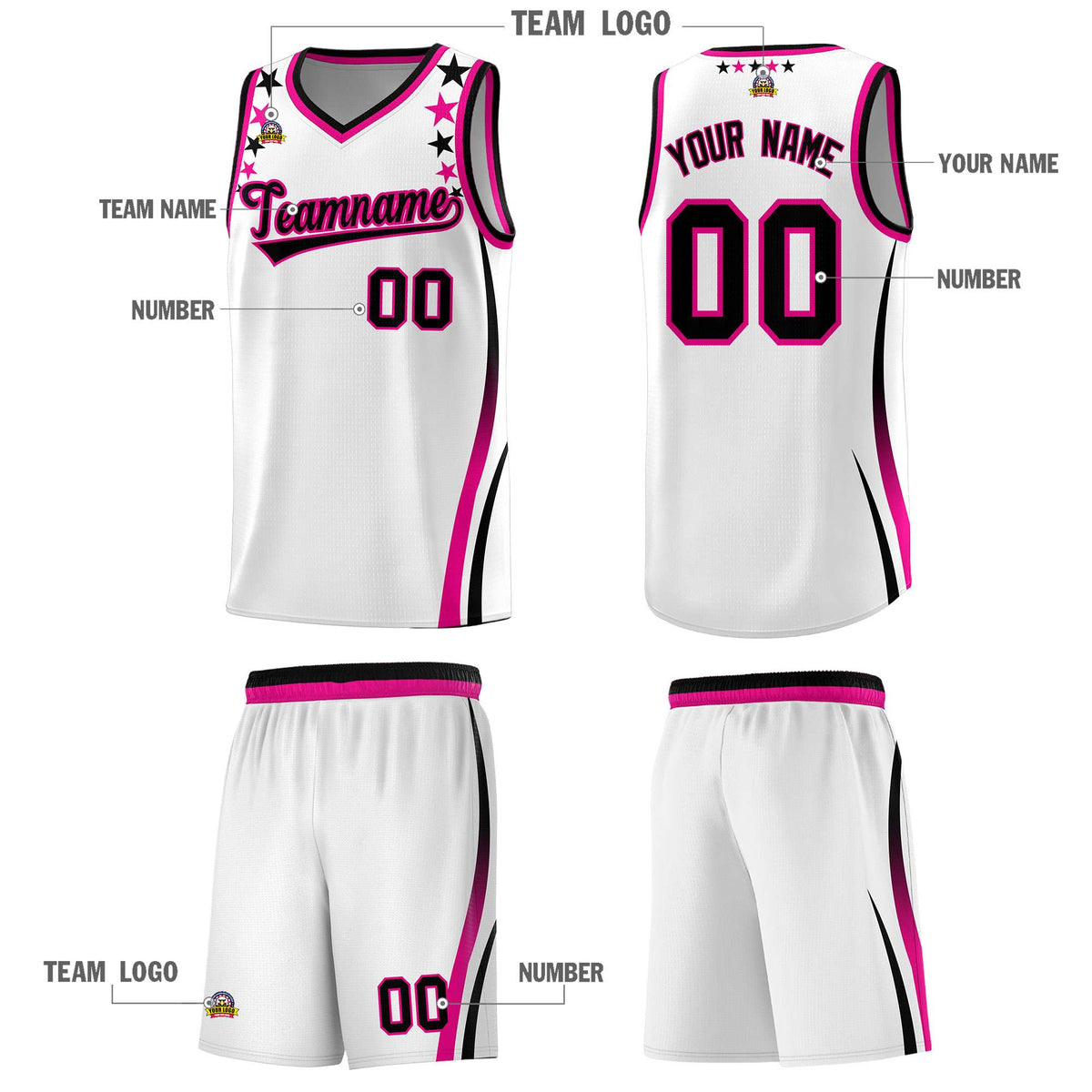 Custom White Shoulders Star Pattern Side Color Block Sports Uniform Basketball Jersey